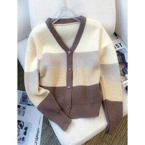 Color Block Button-Up Knit Cardigan – Cozy & Stylish